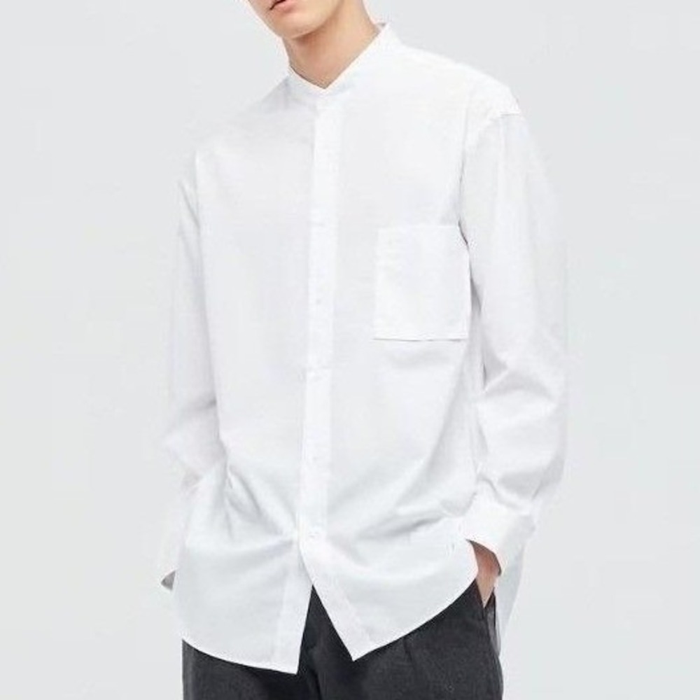 Jil Sander +J Uniqlo Band Collar Button Shirt Men XS White Minimalist Relax Fit